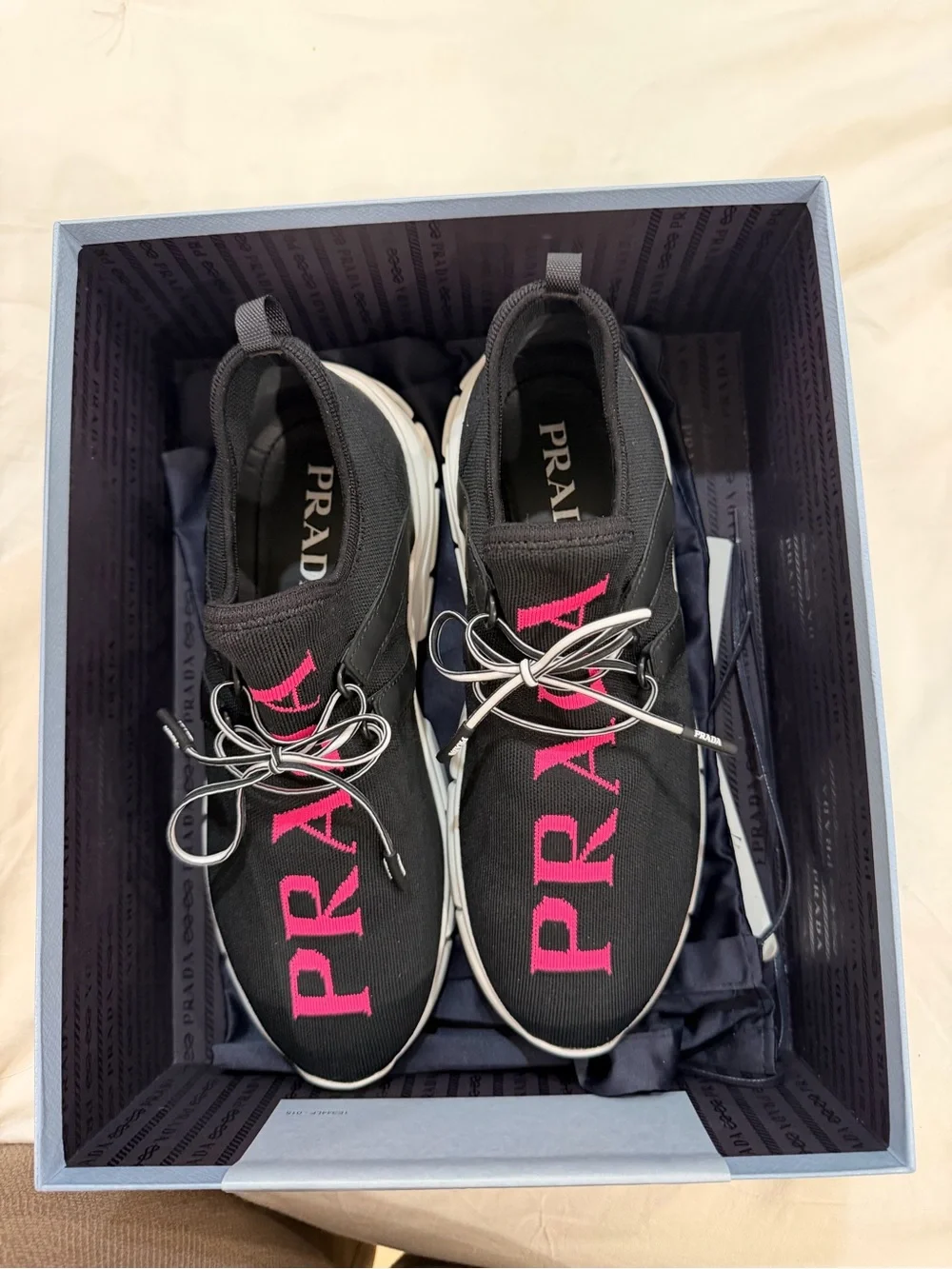 Prada Black & Hot Pink Knit Lace-Up Sneakers